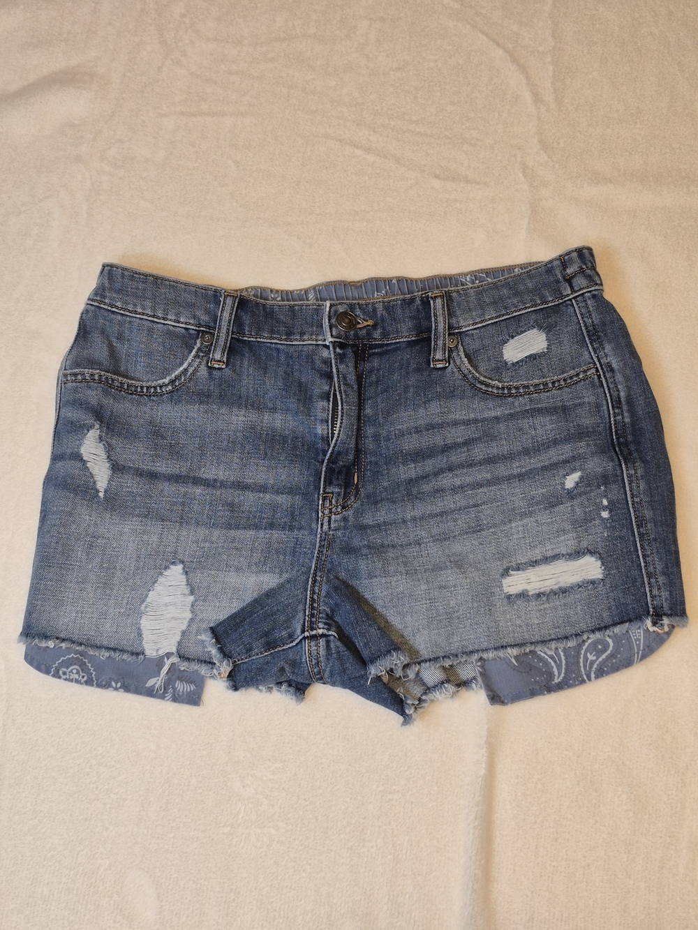 aerie Medium Blue Distressed Denim Shorties with Bandana Trim